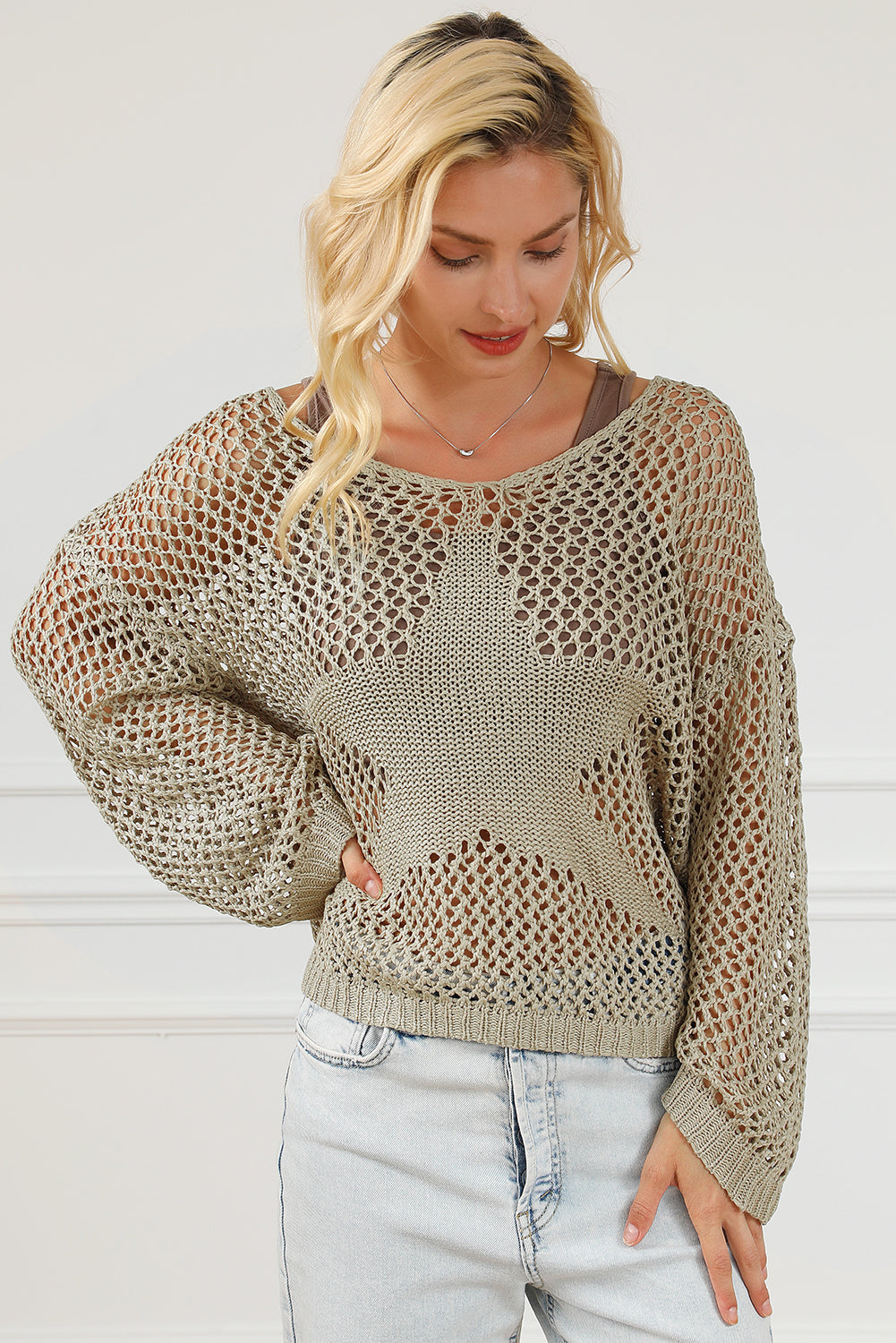 Light French Beige Star Pointelle Knit Baggy Sweater Sweaters & Cardigans JT's Designer Fashion