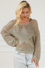 Light French Beige Star Pointelle Knit Baggy Sweater Sweaters & Cardigans JT's Designer Fashion