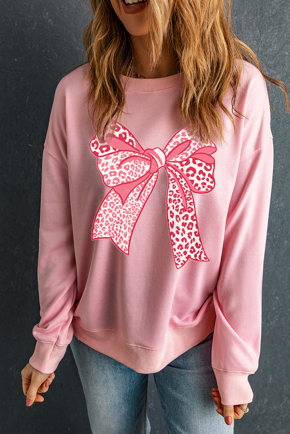 Pink Leopard Bowknot Printed Crewneck Pullover Sweatshirt Graphic Sweatshirts JT's Designer Fashion