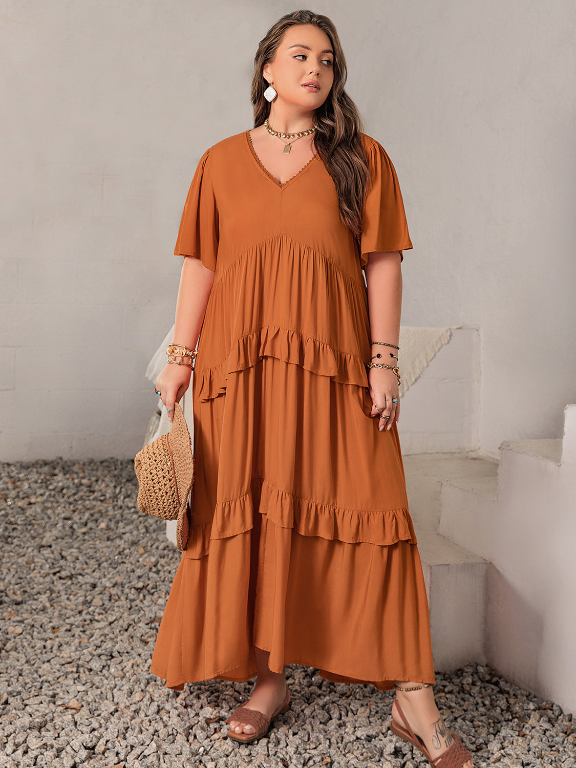 Plus Size V-Neck Flutter Sleeve Maxi Dress Maxi Dresses JT's Designer Fashion