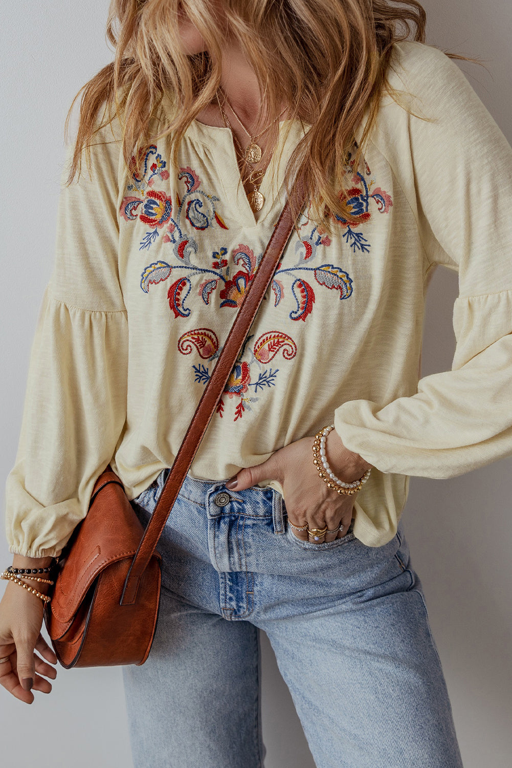 Apricot Paisley Floral Embroidered Notch V Neck Blouse Blouses & Shirts JT's Designer Fashion