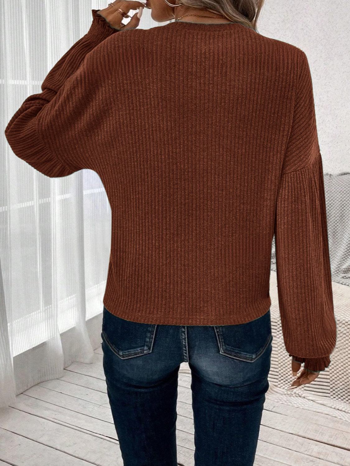 Ribbed Round Neck Lantern Sleeve T-Shirt Long Sleeve Tops JT's Designer Fashion