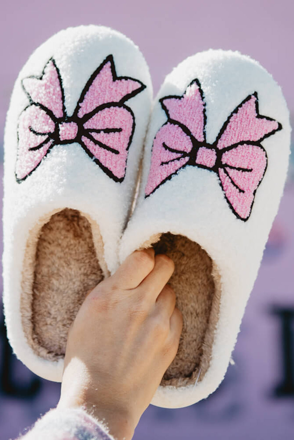 White Cute Bowknot Pattern Fuzzy Winter Home Slippers Slippers JT's Designer Fashion