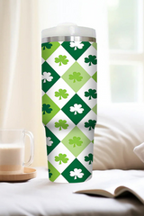 Green Clover Checkered Print Straw Large Tumbler 40oz Tumblers JT's Designer Fashion