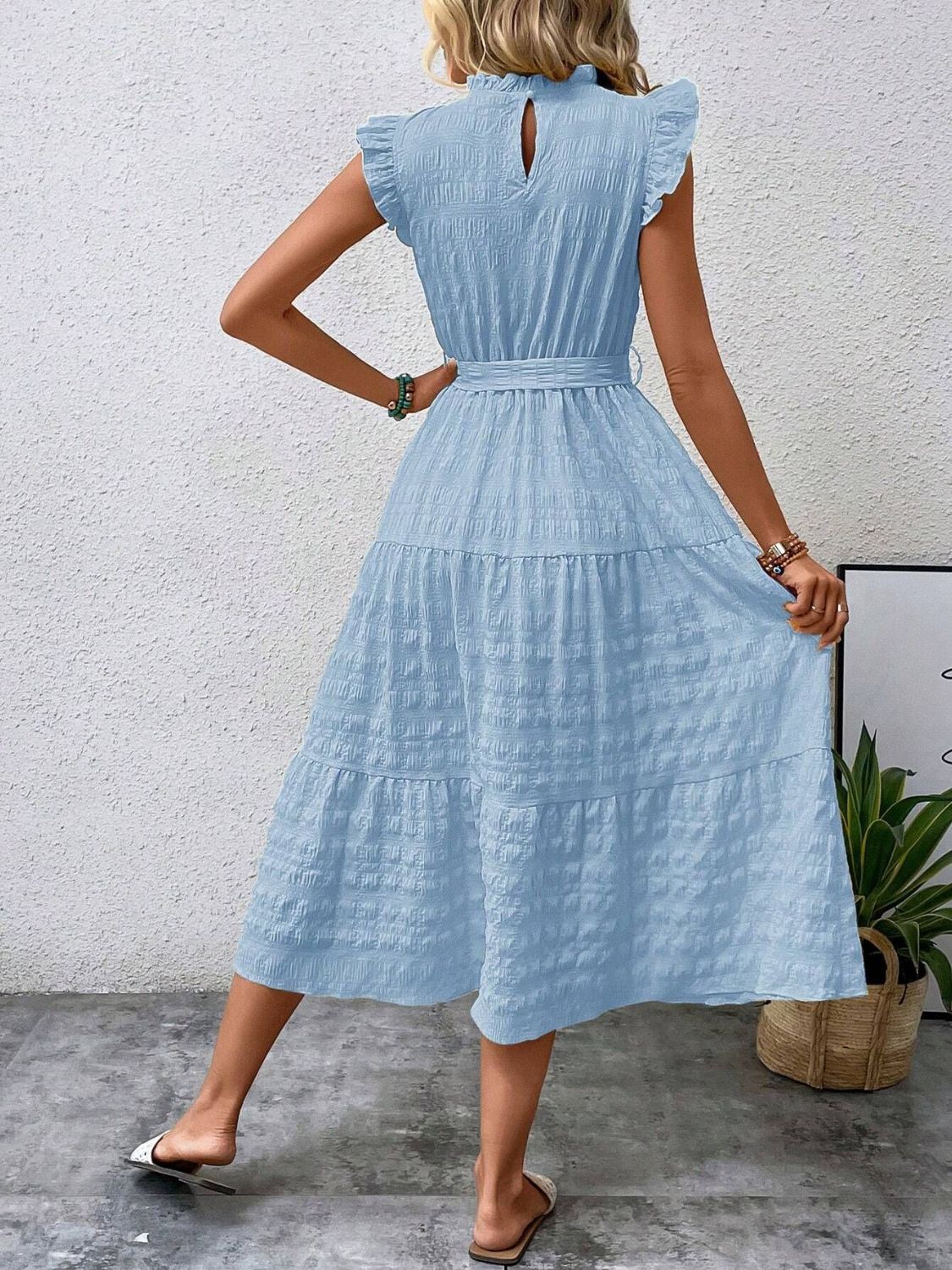 Tied Ruffled Cap Sleeve Midi Dress Midi Dresses JT's Designer Fashion