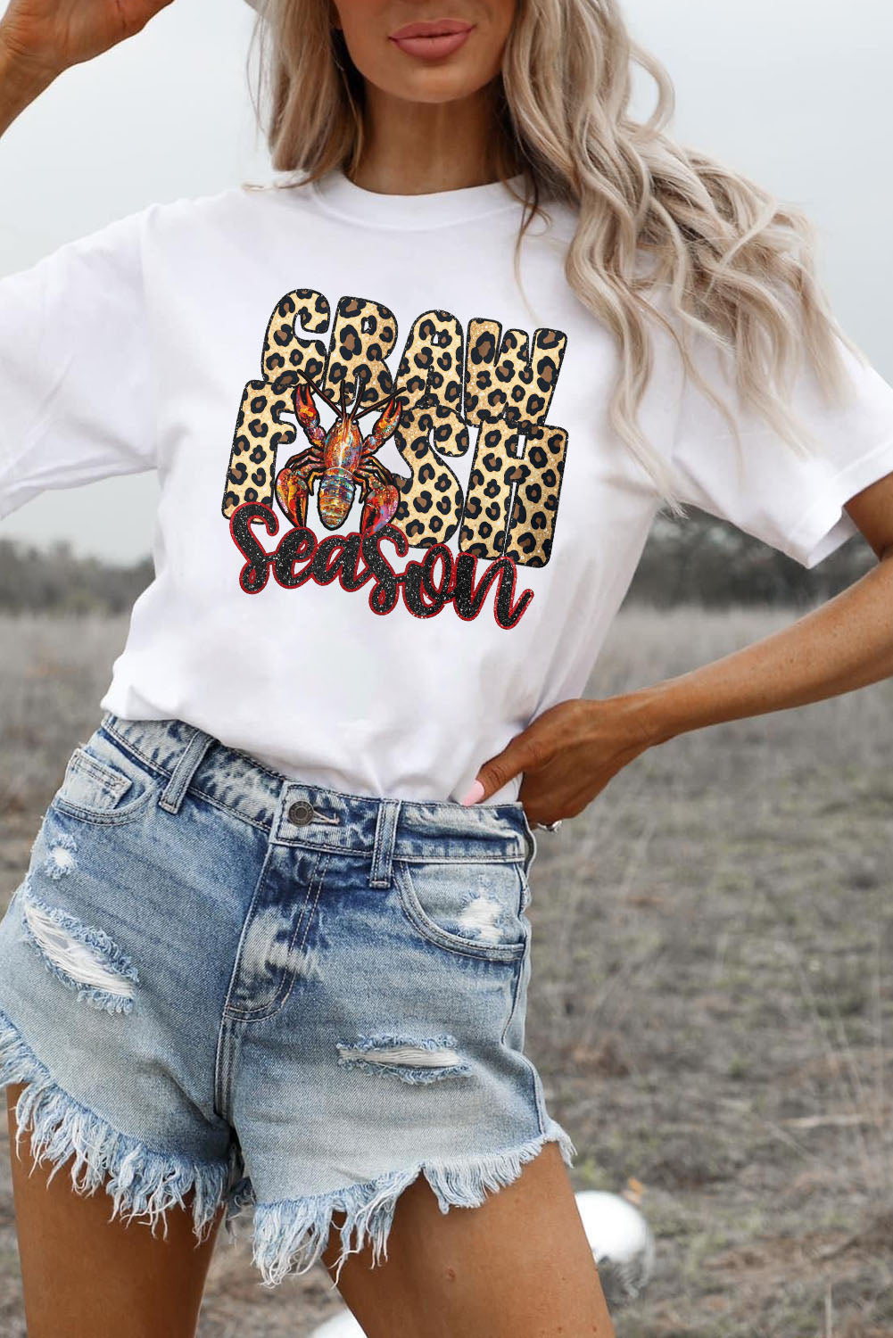 White Crawfish Season Leopard Letter Graphic Tee Graphic Tees JT's Designer Fashion