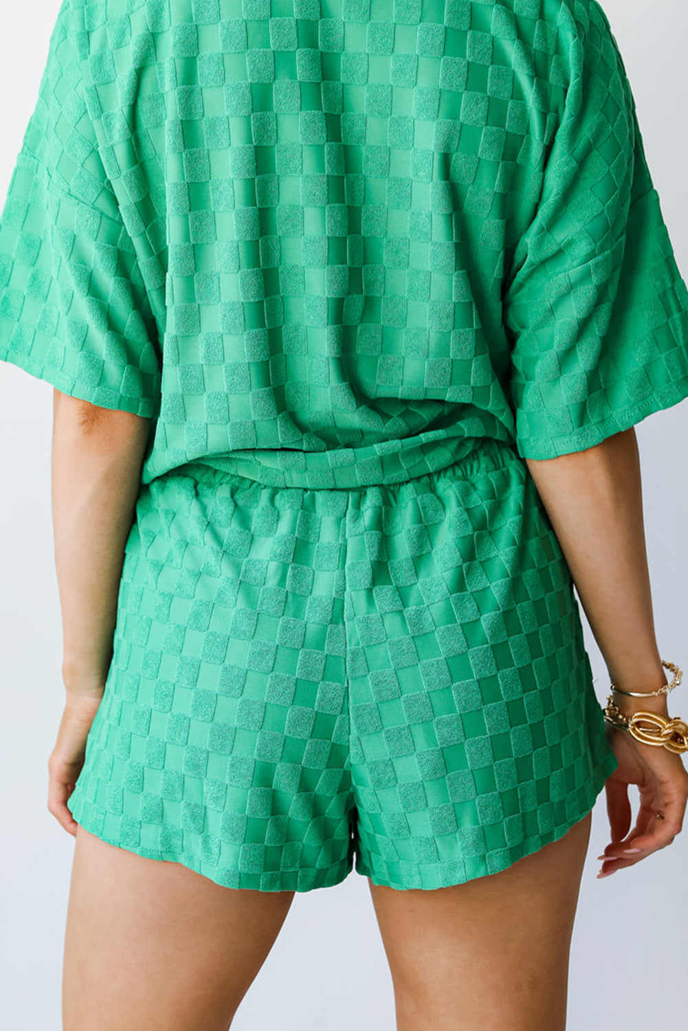 Bright Green Checkered Print Buttoned V Neck Top and Shorts Set Bottoms JT's Designer Fashion