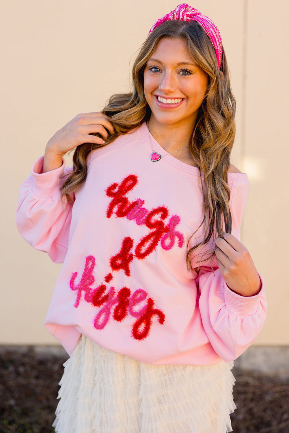 Pink Hugs and Kisses Pop Up Embroidered Raglan Sleeve Sweatshirt Sweatshirts & Hoodies JT's Designer Fashion