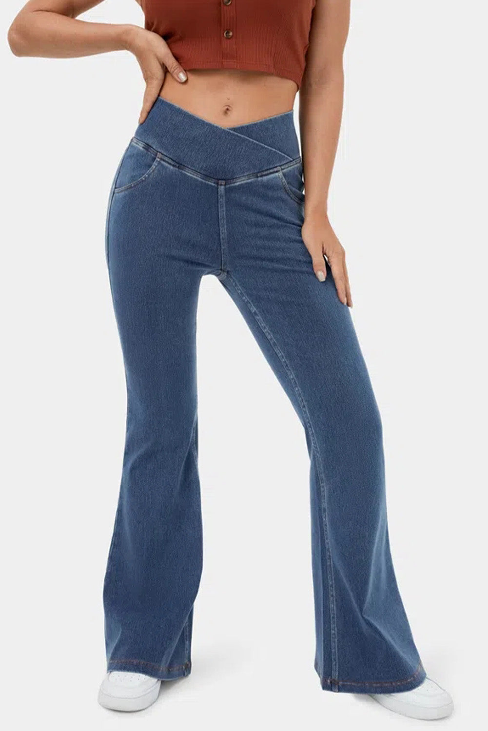 Sail Blue Crossover High Waisted Stretchy Flare Jeans Bottoms JT's Designer Fashion