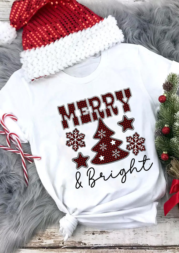 White MERRY and Bright Plaid Print Christmas Crewneck T Shirt Graphic Tees JT's Designer Fashion