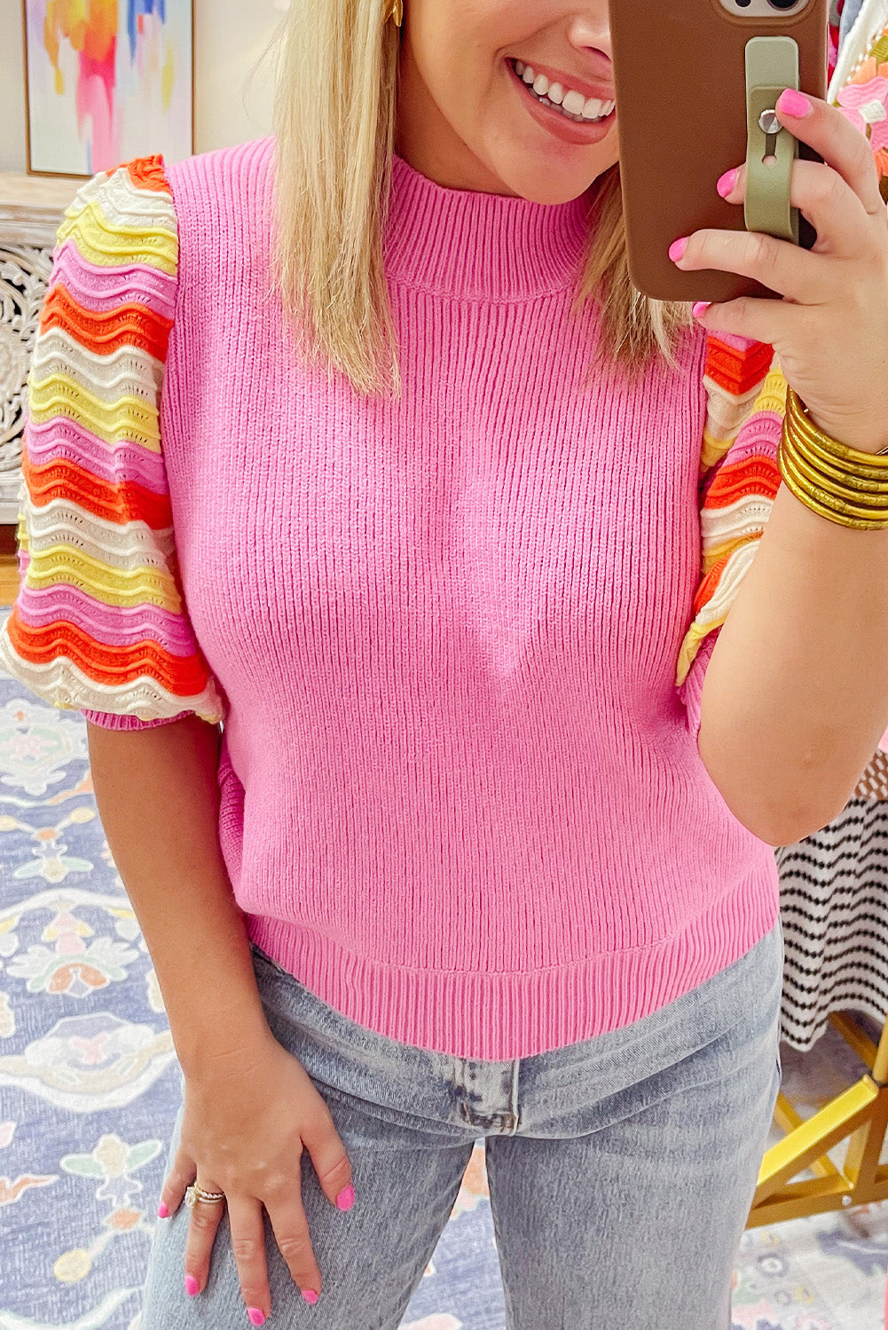 Pink Ribbed Knit Contrast Sleeve Sweater Top Pre Order Sweaters & Cardigans JT's Designer Fashion