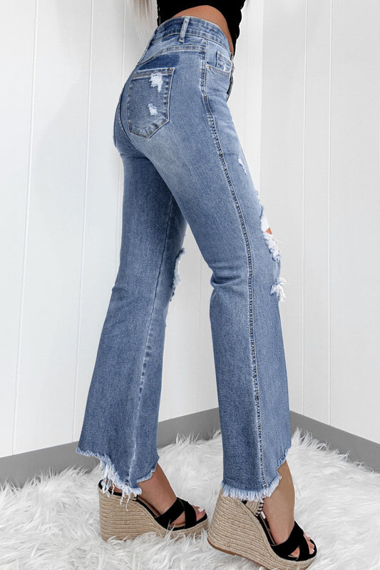 Dusk Blue High Rise Ripped Distressed Hem Flared Jeans Jeans JT's Designer Fashion