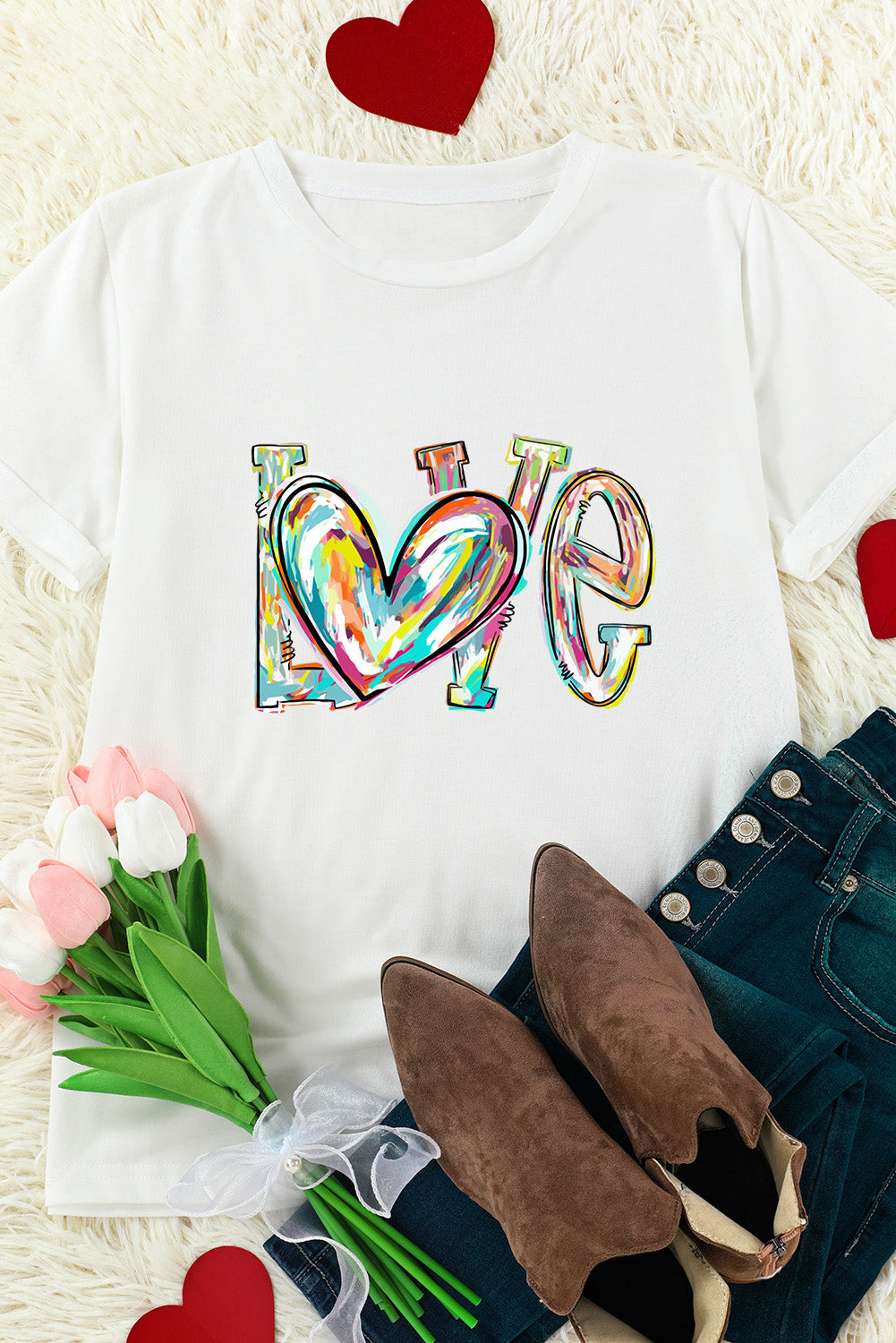 White Love Heart Shape Graffiti Round Neck T Shirt Graphic Tees JT's Designer Fashion