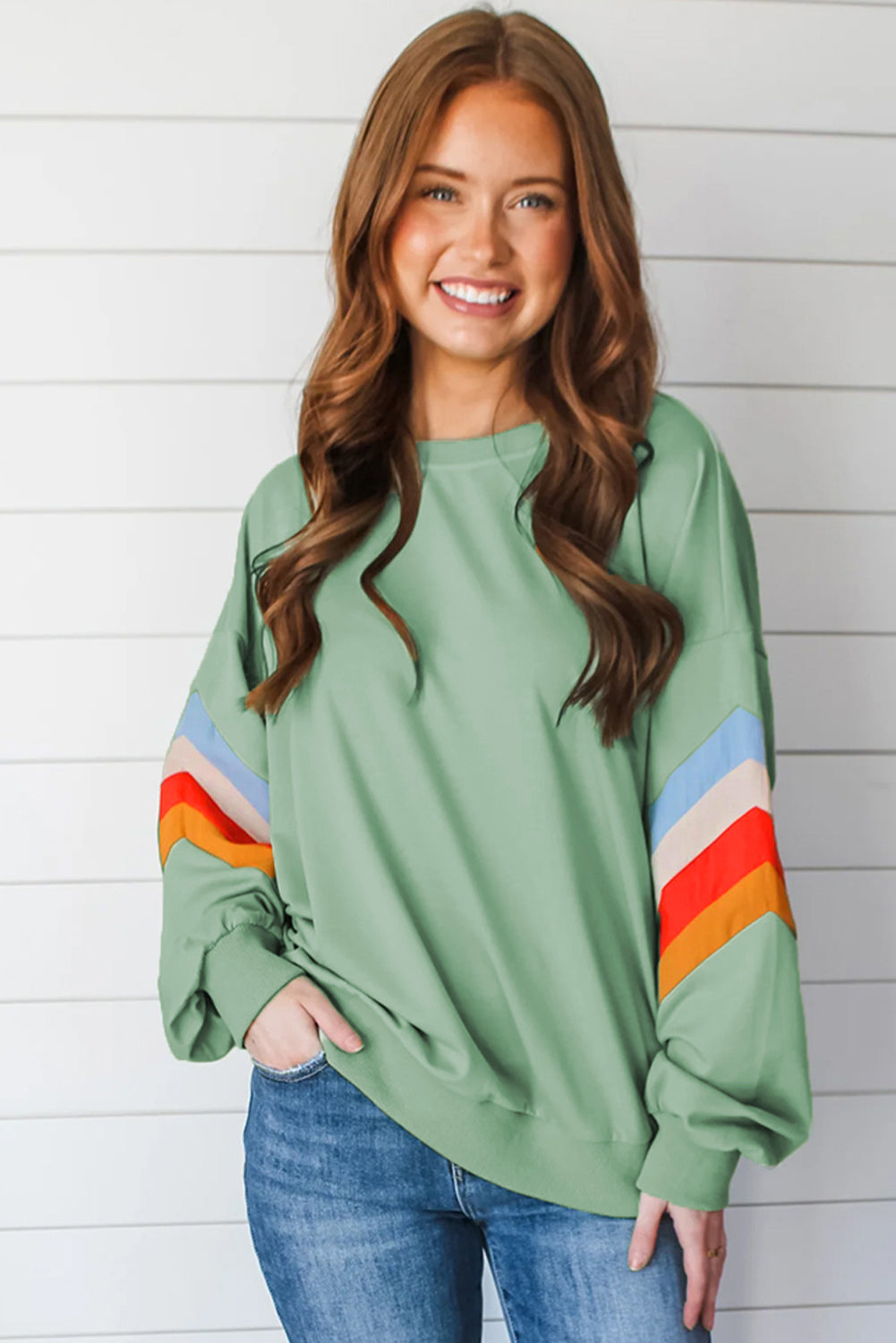 Moonlight Jade Rainbow Striped Sleeve Crew Neck Loose Sweatshirt Sweatshirts & Hoodies JT's Designer Fashion