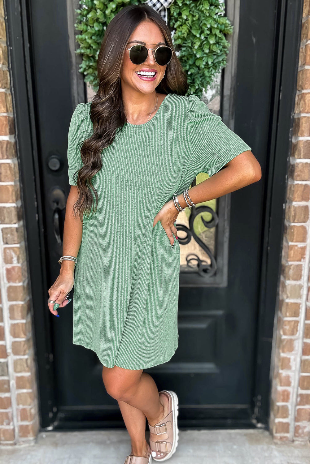 Mint Green Corded Knit Crew Neck Puff Sleeve Shift Mini Dress T Shirt Dresses JT's Designer Fashion