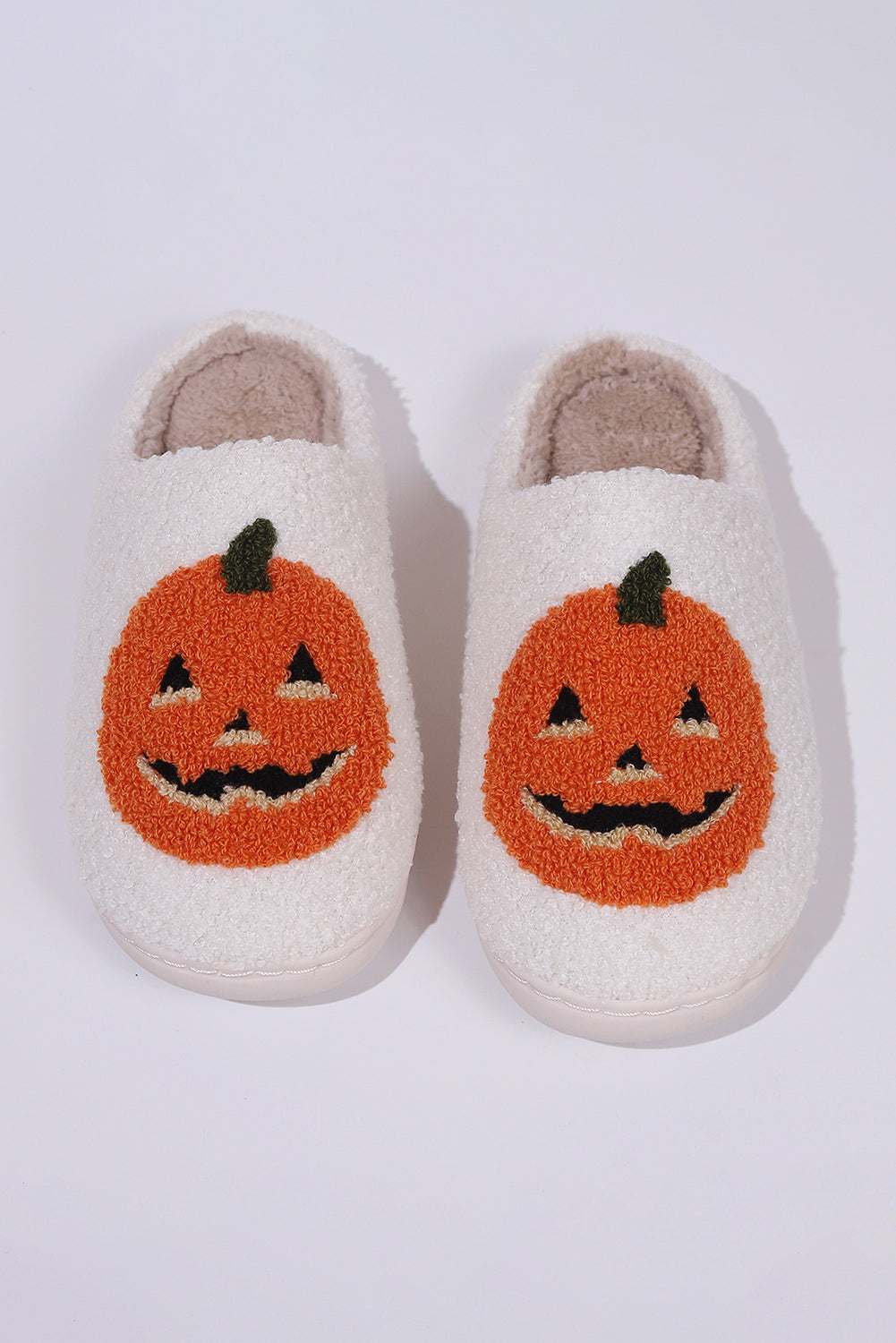 White Halloween Pumpkin Print Plush Slippers Slippers JT's Designer Fashion