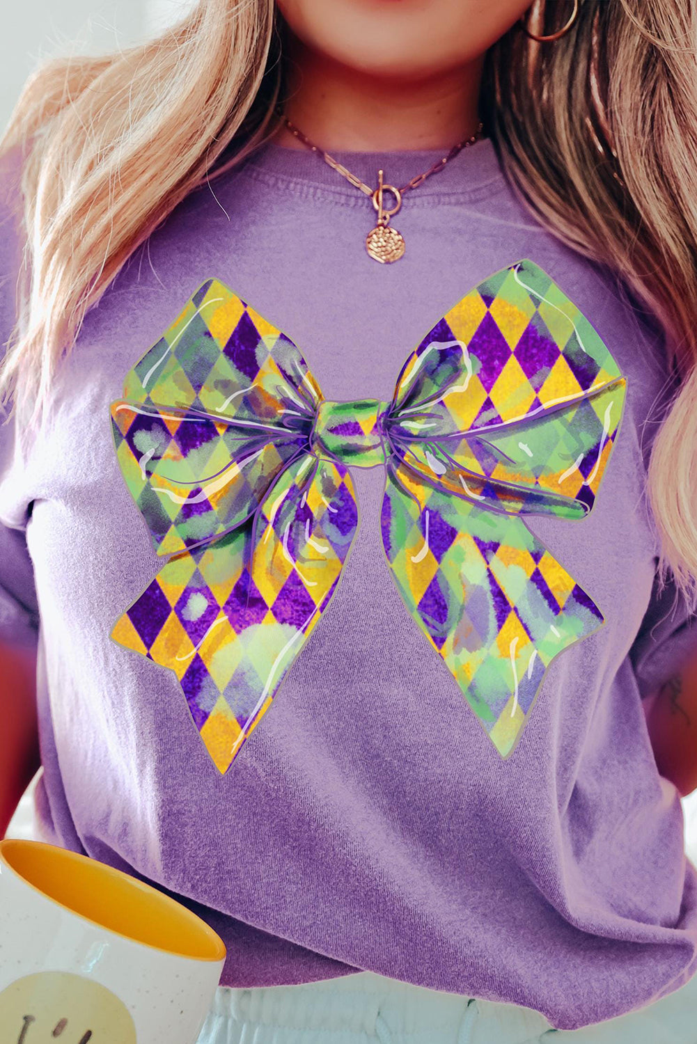 Wisteria Mardi Gras Bowknot Pattern Crew Neck T Shirt Graphic Tees JT's Designer Fashion