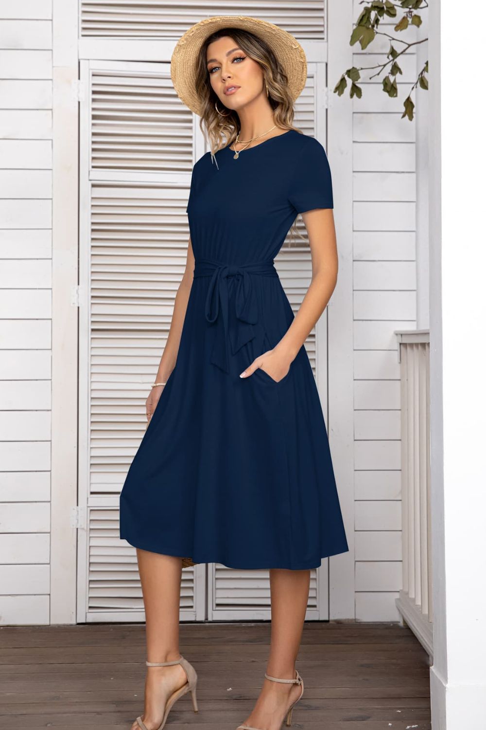 Belted Tee Dress With Pockets Midi Dresses JT's Designer Fashion