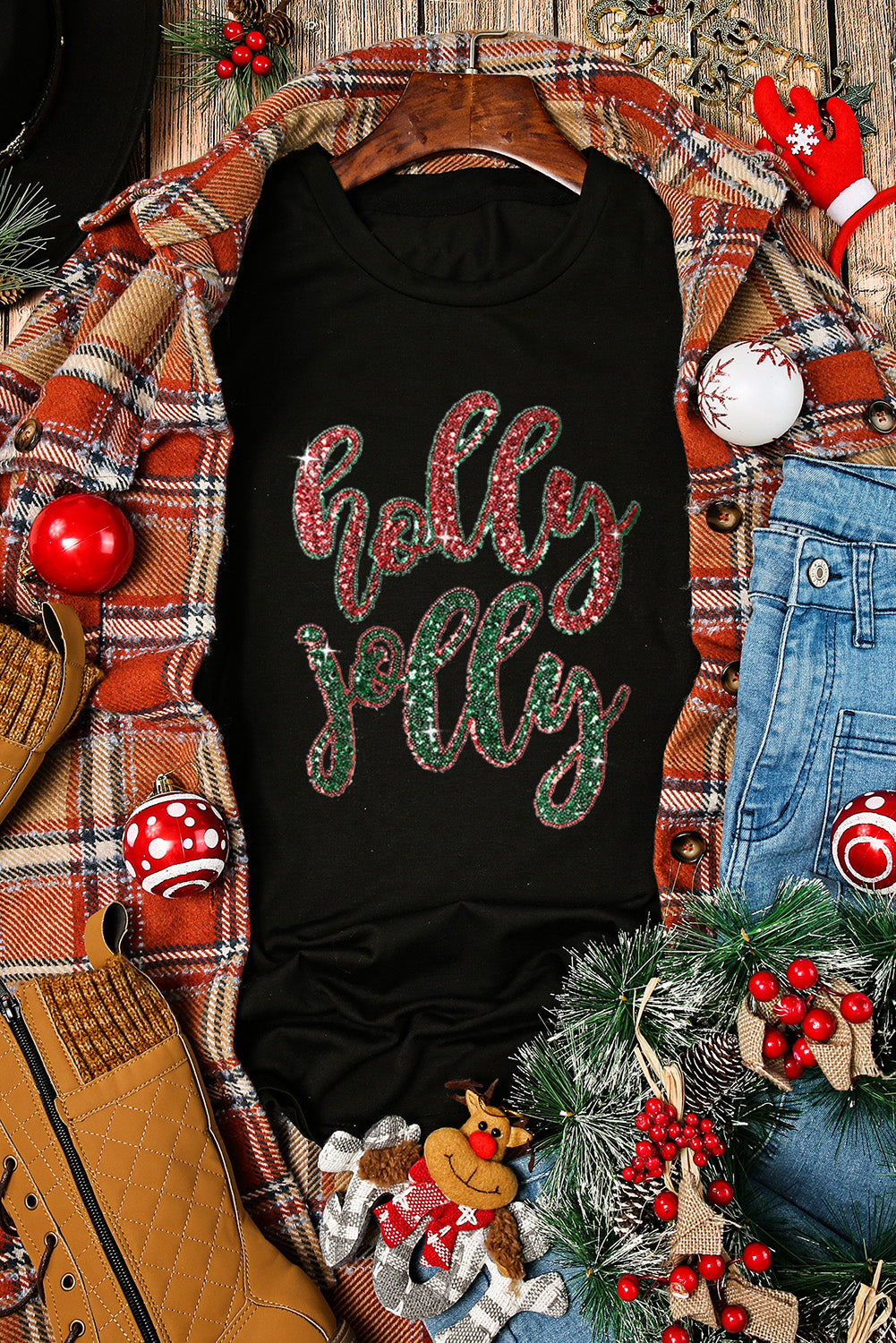 Black Christmas Sequined holly jolly Graphic Tee Graphic Tees JT's Designer Fashion