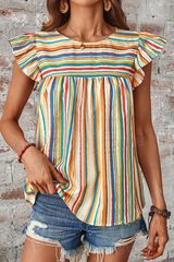 Multicolour Vibrant Stripes Printed Flutter Sleeve Babydoll Blouse Pre Order Tops JT's Designer Fashion