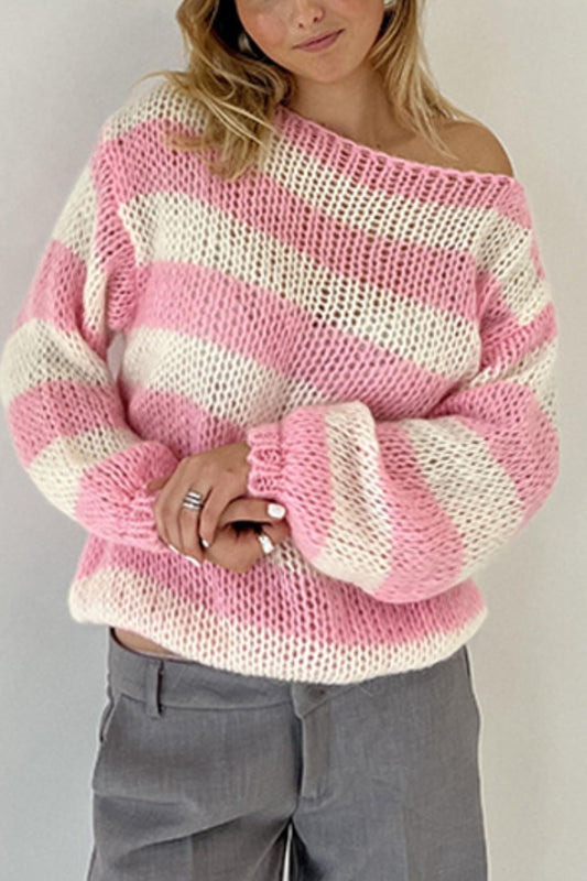 Contrast Striped Boat Neck Long Sleeve Sweater Blush Pink Long Sleeve Tops JT's Designer Fashion