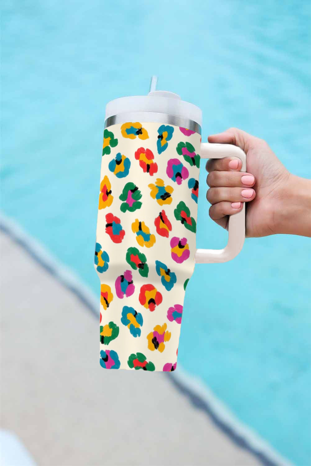 White Multi Color Leopard Print Handle Stainless Tumbler 40oz Tumblers JT's Designer Fashion