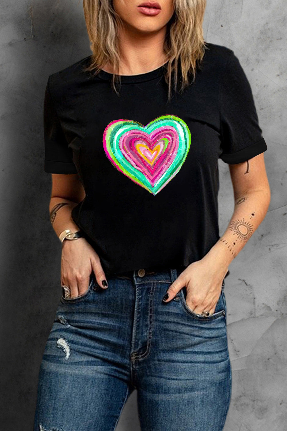 Black Valentine Heart Shaped Print Crew Neck T Shirt Graphic Tees JT's Designer Fashion