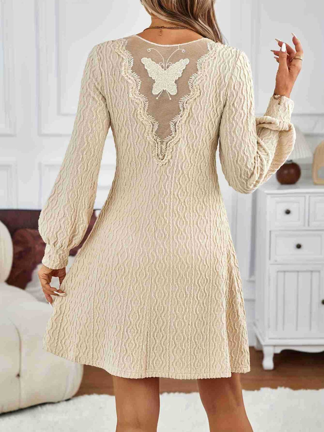 Lace Detail V-Neck Long Sleeve Dress Midi Dresses JT's Designer Fashion