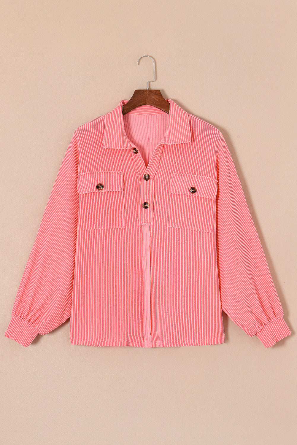 Pink Corded Flap Pocket Henley Top Long Sleeve Tops JT's Designer Fashion