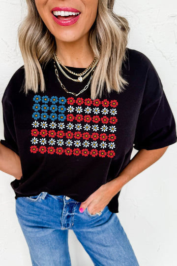 Black Cute Flowers Make Up American Flag Trendy Graphic T Shirt Graphic Tees JT's Designer Fashion