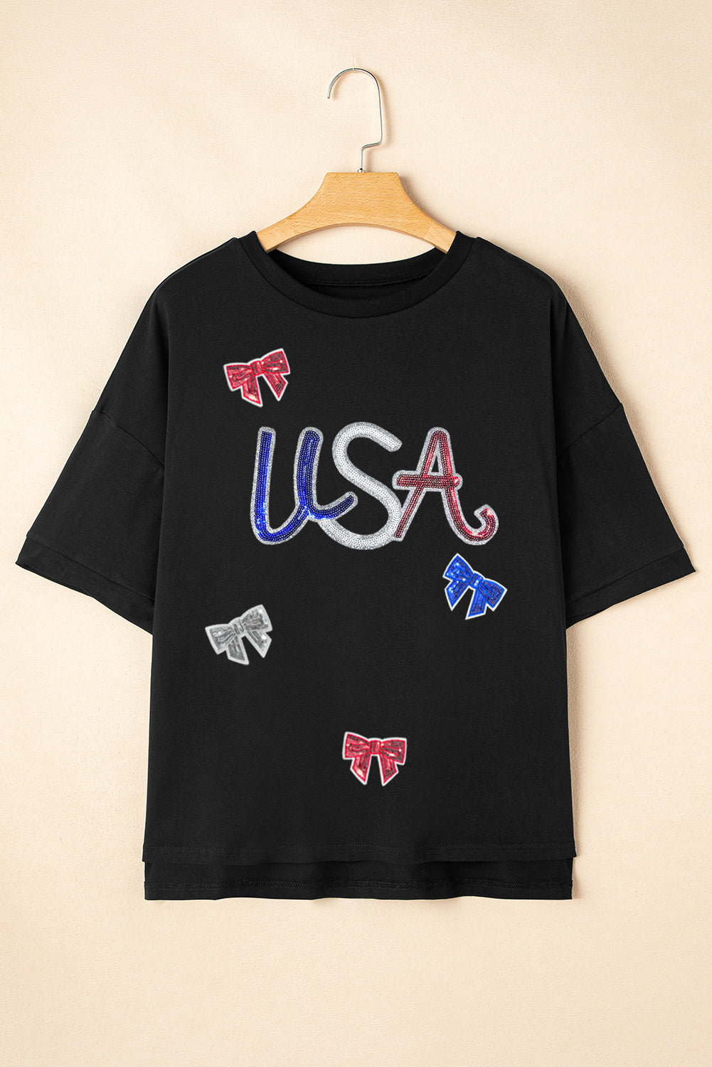 Black Sequin USA Bow Graphic Independence Day T Shirt Graphic Tees JT's Designer Fashion