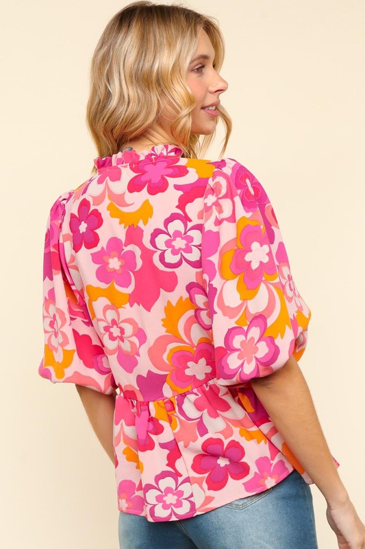 Haptics Full Size Frill Floral Puff Sleeve Blouse Blouses & Shirts JT's Designer Fashion