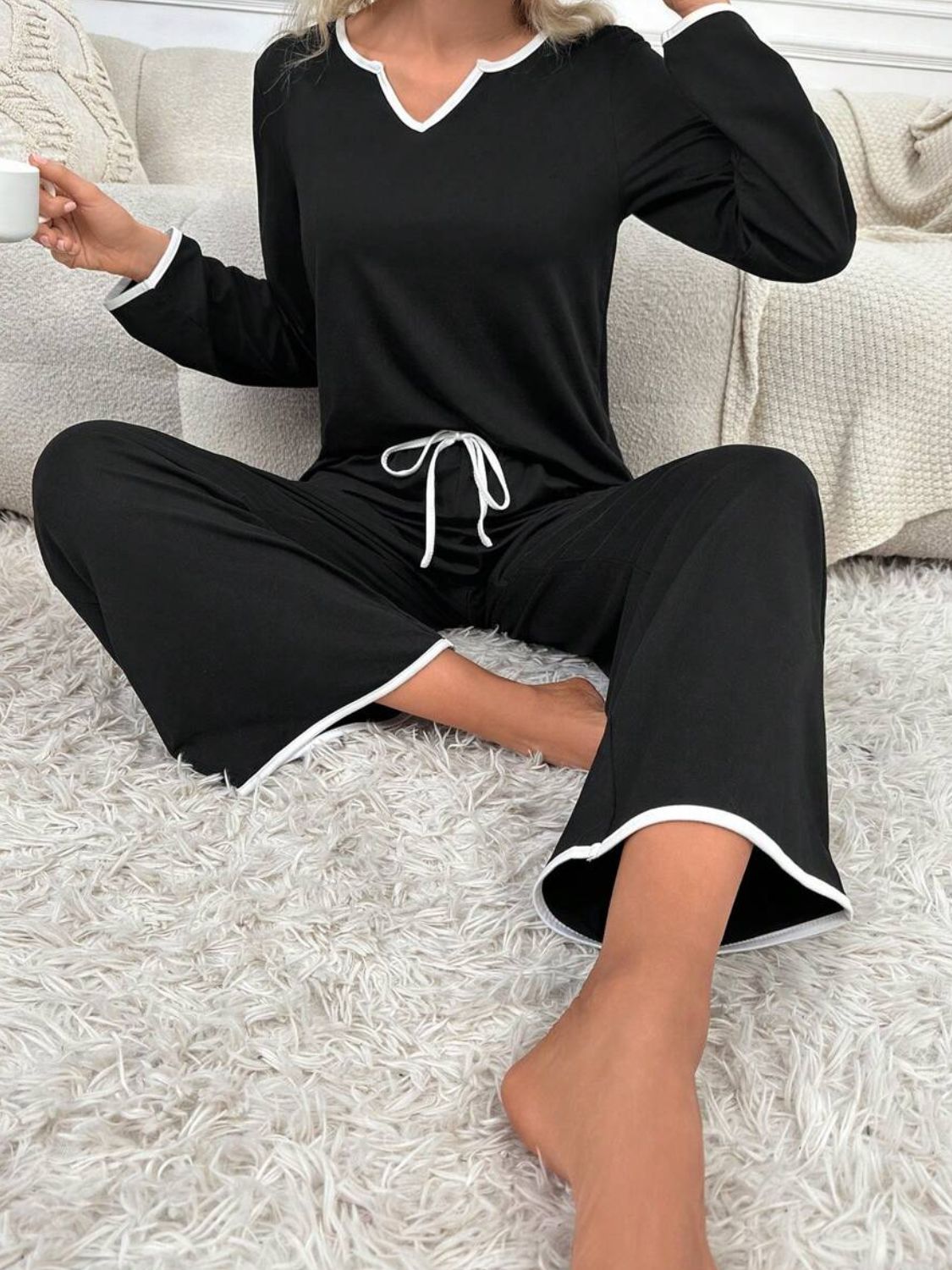 Contrast Trim Notched Long Sleeve Top and Pants Lounge Set Sleepwear JT's Designer Fashion