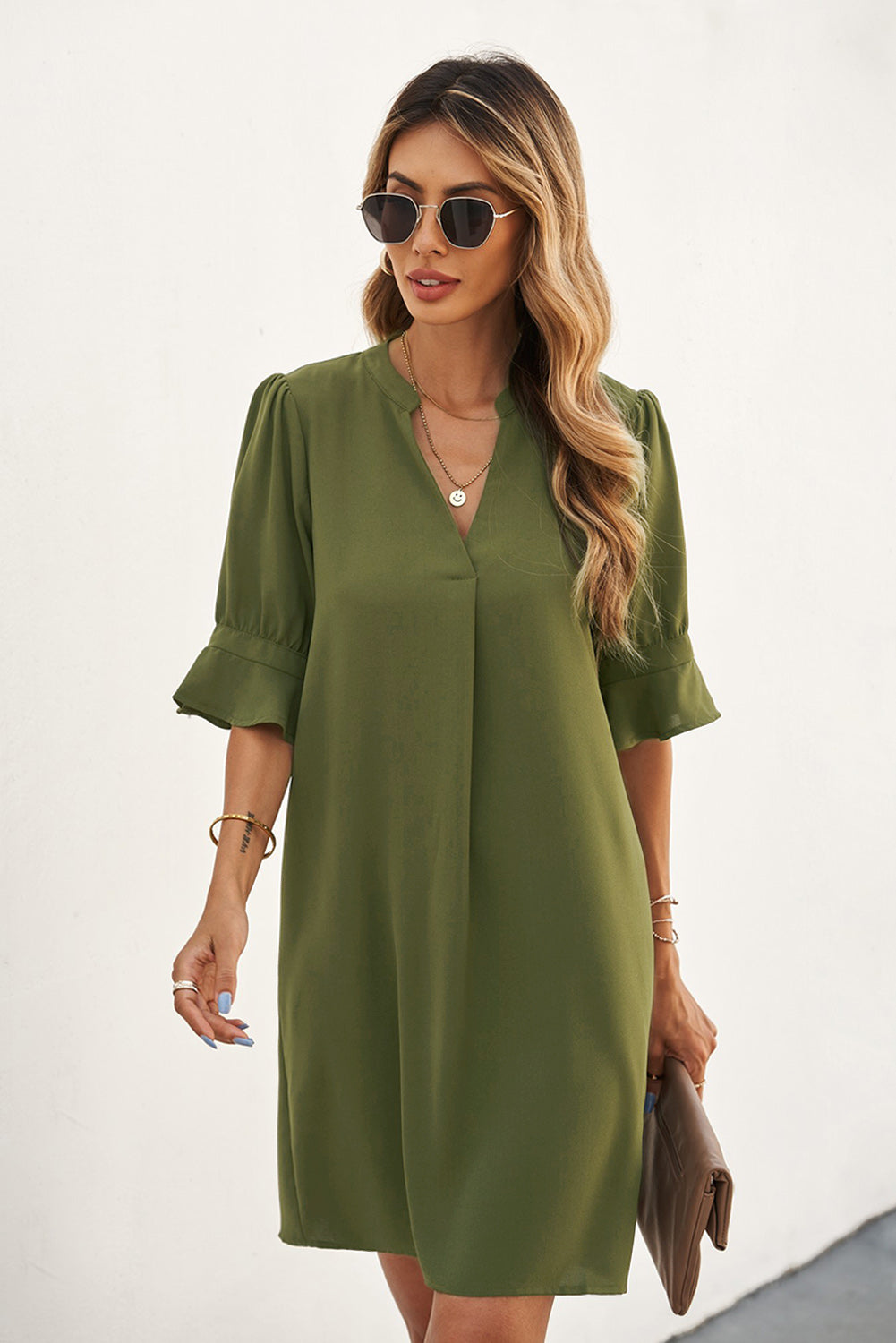 Green Ruffled Sleeve Shift Dress Mini Dresses JT's Designer Fashion