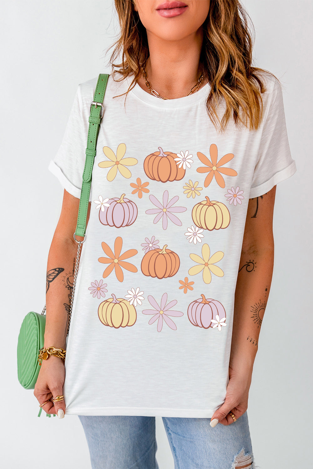 White Floral Pumpkin Graphic Crewneck Halloween T Shirt Graphic Tees JT's Designer Fashion