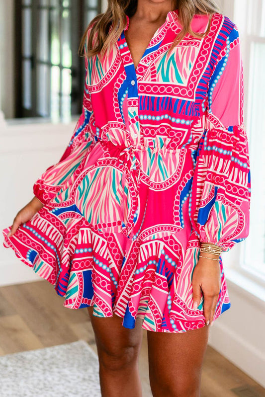 Rose Boho Abstract Printed Puff Sleeve Drawstring Waist Ruffled Mini Dress Mini Dresses JT's Designer Fashion