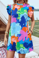 Blue Bold Floral Flutter Sleeve Shift Mini Dress with Pockets Floral Dresses JT's Designer Fashion