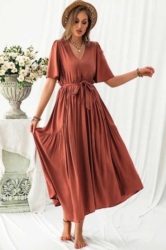 Plus Size V-Neck Flutter Sleeve Midi Dress Rust Maxi Dresses JT's Designer Fashion