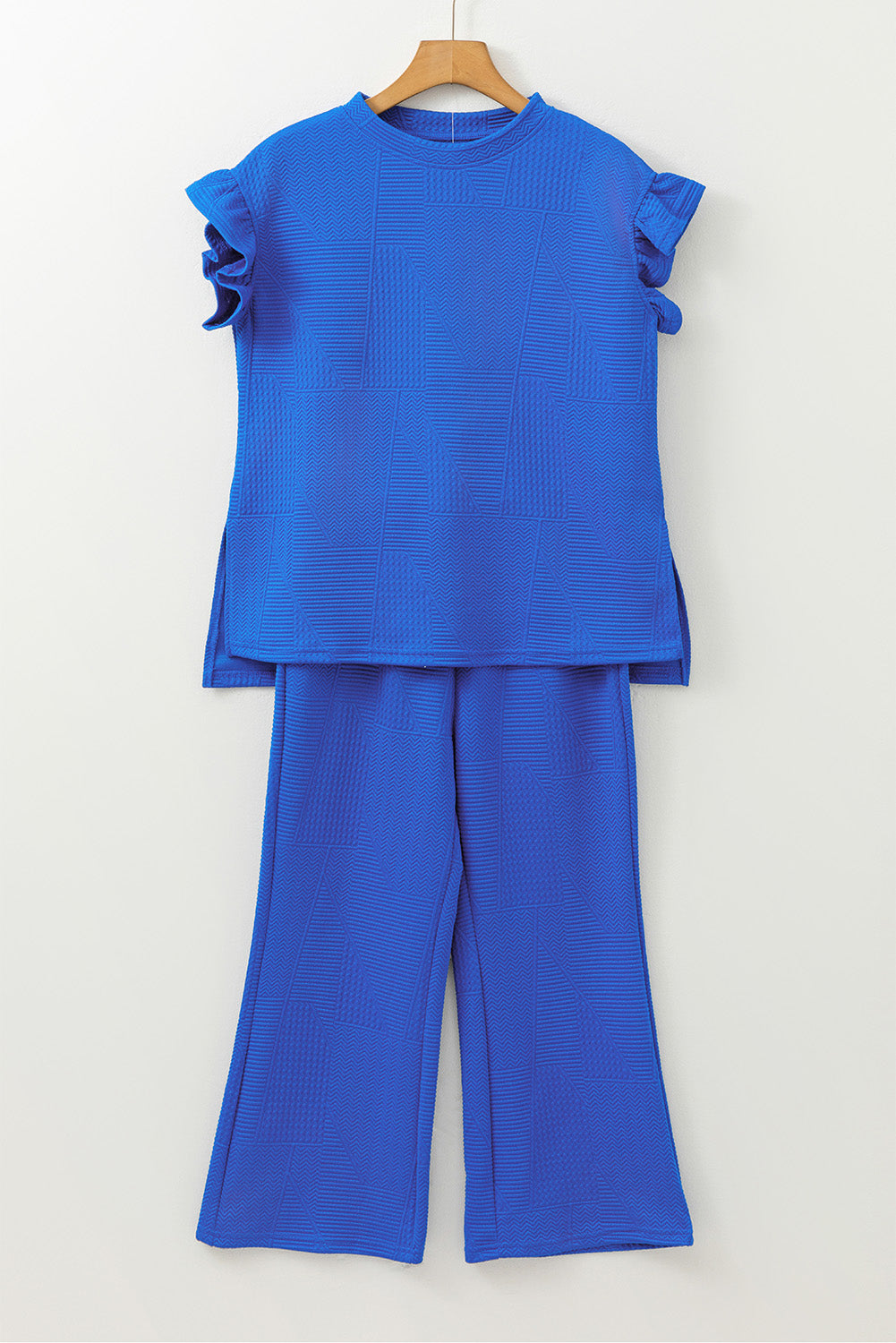 Dark Blue Ruffled Sleeve Summer Top and Cropped Loose Pants Set Pant Sets JT's Designer Fashion