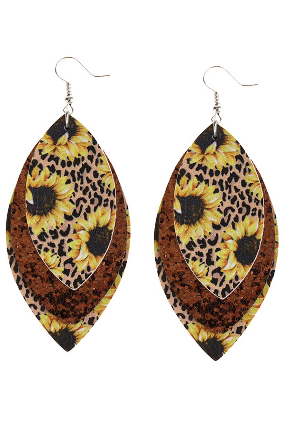 Leopard Sunflower Golden Sequined Leaf Multi-Layered Leather Earrings Jewelry JT's Designer Fashion