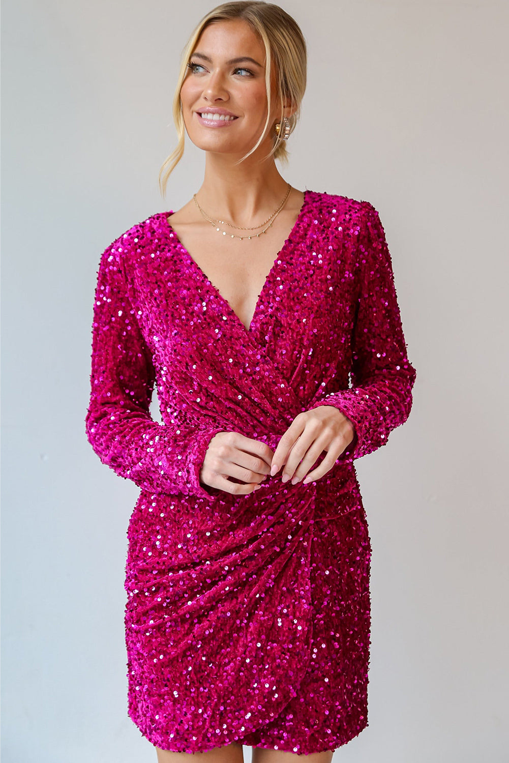 Pitaya Pink Velvet Sequin Long Sleeve V Neck Wrapped Mini Dress Sequin Dresses JT's Designer Fashion