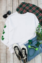 White Sequin lucky Lettering Clover Patched Sleeve Drop Shoulder Sweatshirt Graphic Sweatshirts JT's Designer Fashion