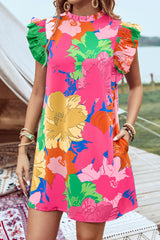 Pink Bold Floral Flutter Sleeve Shift Mini Dress with Pockets Floral Dresses JT's Designer Fashion
