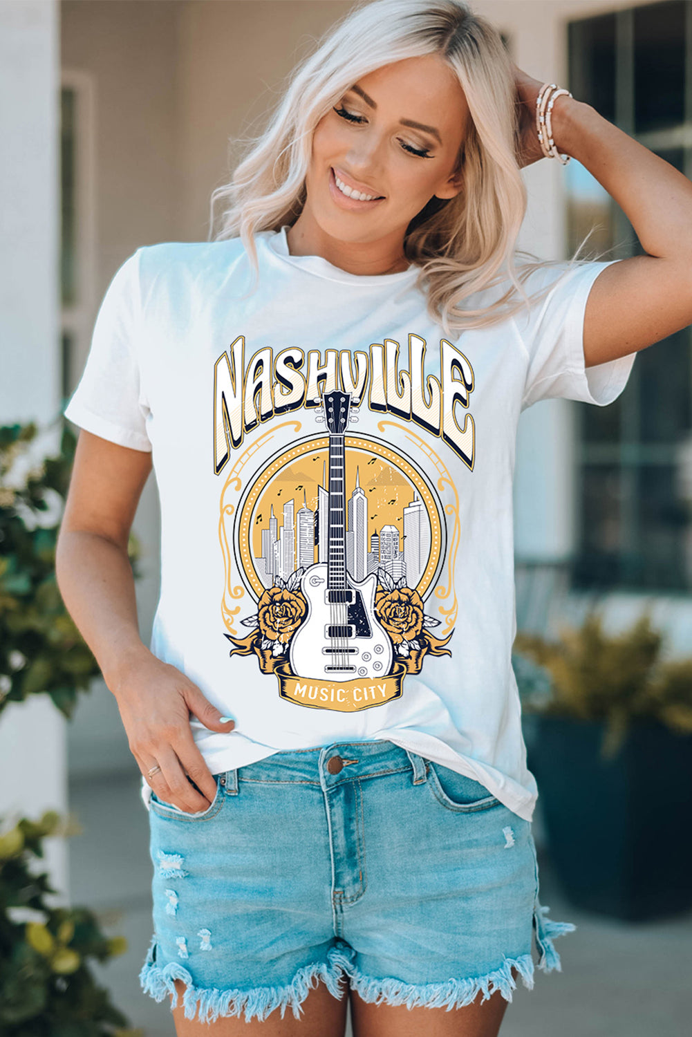 White Music City NASHVILLE Guitar Graphic T Shirt Graphic Tees JT's Designer Fashion