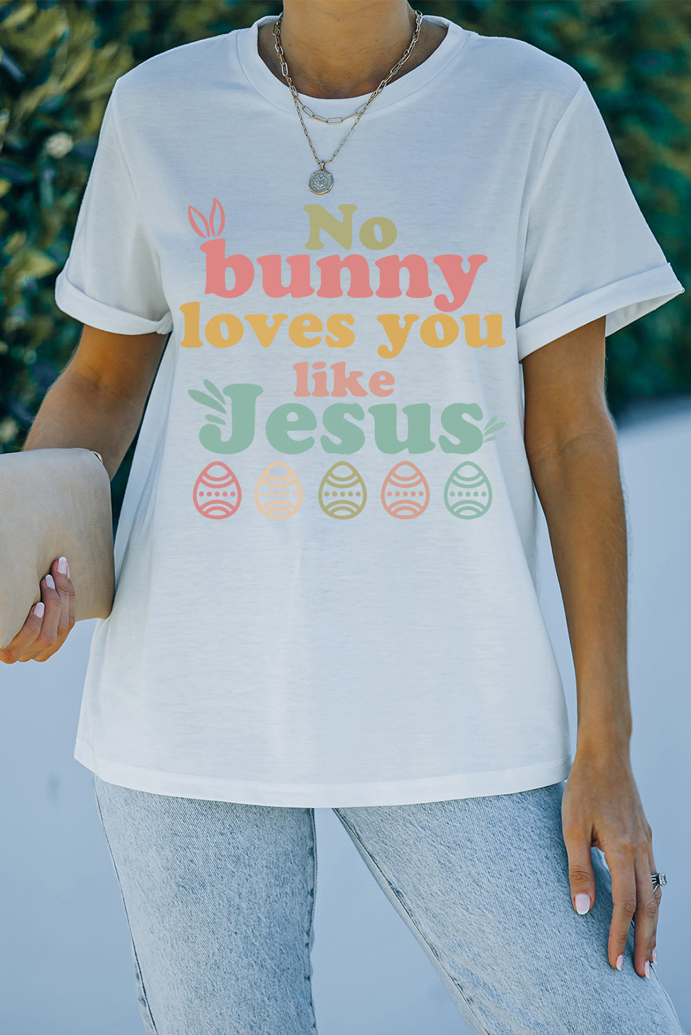 White No bunny loves you like Jesus Graphic Easter Day T-shirt Graphic Tees JT's Designer Fashion