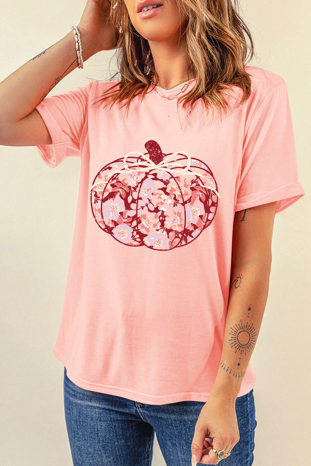 Pink Floral Pumpkin Print Crew Neck Casual T Shirt Graphic Tees JT's Designer Fashion