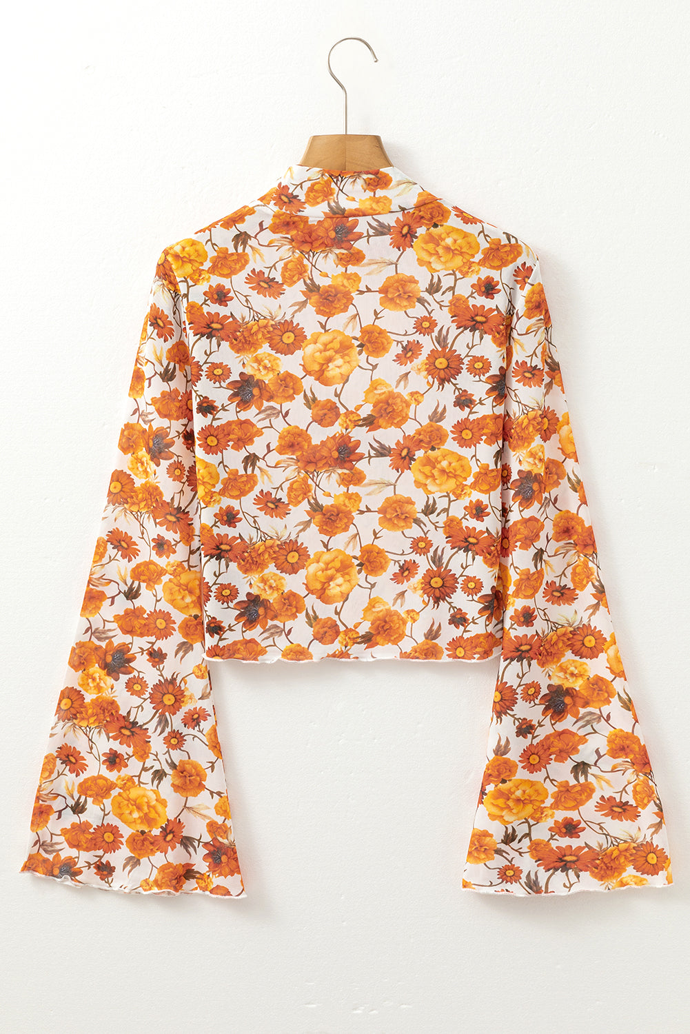 Orange Floral Printed Bell Sleeve Mock Neck Scallop Trim Blouse Blouses & Shirts JT's Designer Fashion