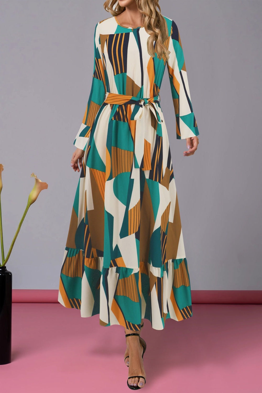 Ruffle Hem Tied Printed Long Sleeve Dress Turquoise Maxi Dresses JT's Designer Fashion