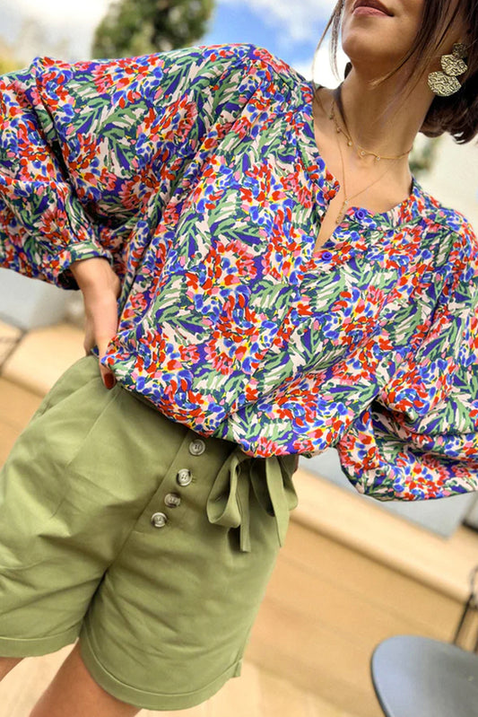 Multicolor Floral Balloon Sleeve Loose Blouse Blouses & Shirts JT's Designer Fashion