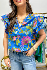 Blue Floral Ric Rac Trim Layered Ruffle Short Sleeve V Neck Blouse Pre Order Tops JT's Designer Fashion